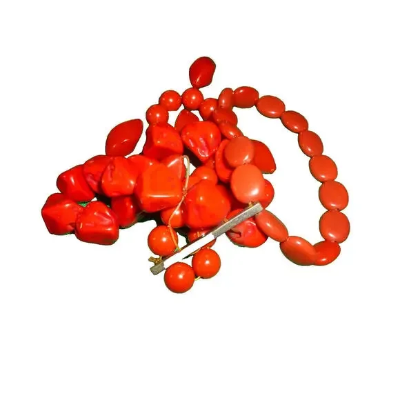 Vintage Loose Faux Coral Bead Lot 3‎ Shapes Ball Chunk Twisted baguette