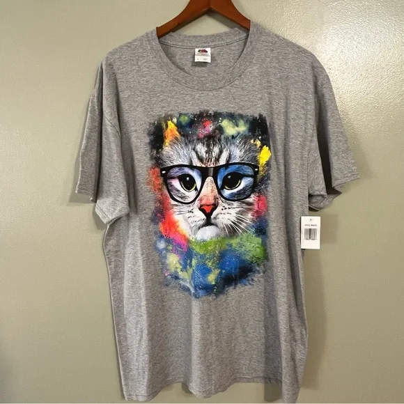 Fruit Lum VTG 2000 Gray Cat In Glasses Graphic T-Shirt Womens Cotton L NWT