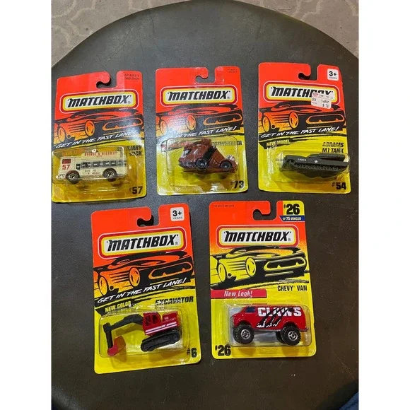 Vintage Matchbox Lot of 5 NIP Abrams Tank Chevy Van Excavator Rothwheeler 90s