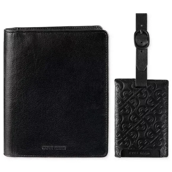 COLE HAAN Passport Wallet Set Black Leather Travel Luggage Tag Gift Box $98