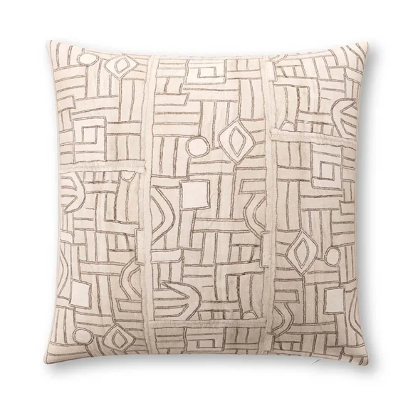 Ecru Maze Kuba Cloth Outdoor Pillow 18 by 18