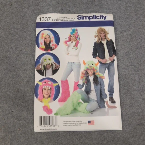 Simplicity 1337 Monster Animal Hats Leg Warmers Sewing Pattern One Size OS VG