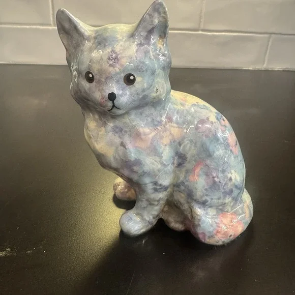Vintage Ceramic Glazed Country Floral Sponge Wear Cat Kitten Figurine