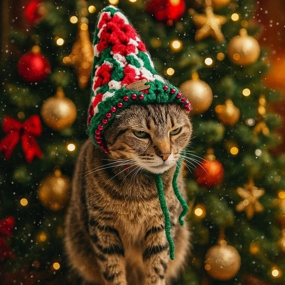 Handmade Christmas Santa Hat for Pets Hand Knit Crochet Hat for Cats Dogs Granny
