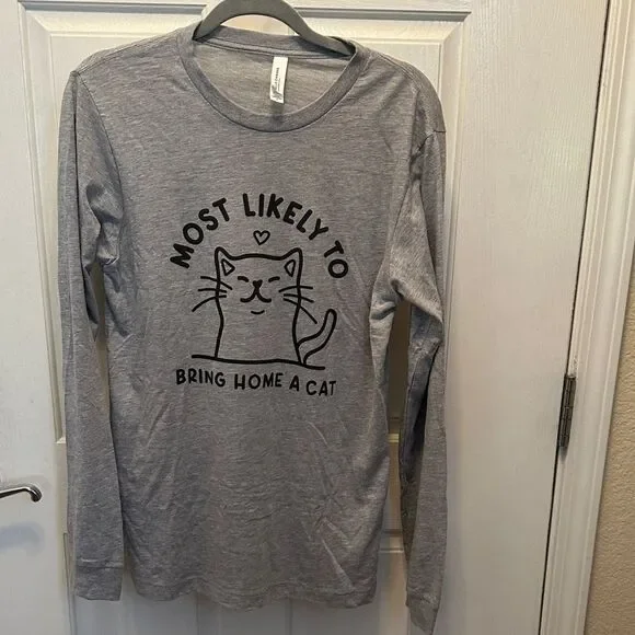 Bella + Canvas Heather Gray Cat Lover Long Sleeve Shirt Size Medium