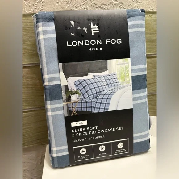 London Fog Home Plaid Pillowcase Set - Blue and White KING SIZE