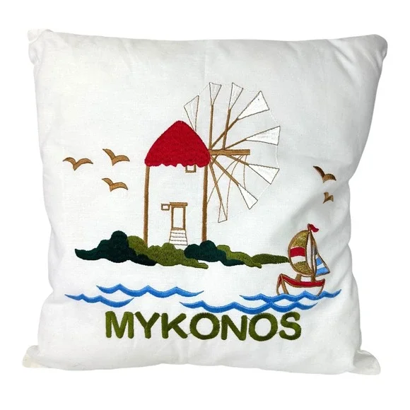 Mykonos Greece Throw Pillow Cover White w/ Multicolor Stitching of Windmill