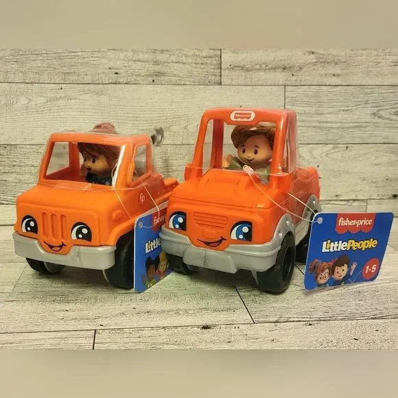 🎉 GINGERS FISHER PRICE Orange Trucks Girl w Tow Truck & Boy with Pickup