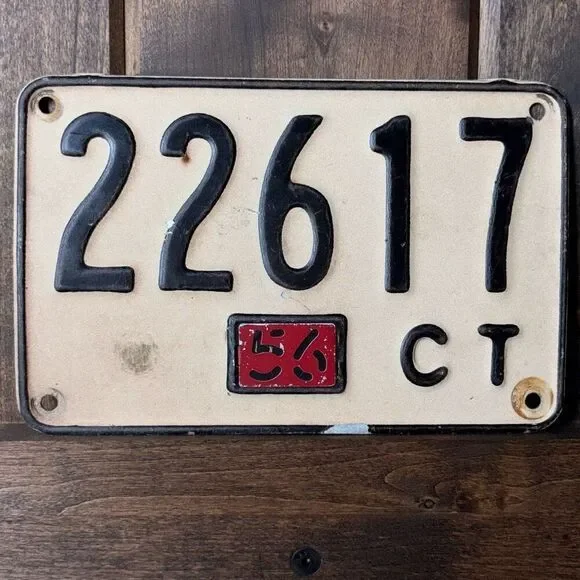 Original 1956 CT Connecticut metal license plate red tab 22617 black/white tag