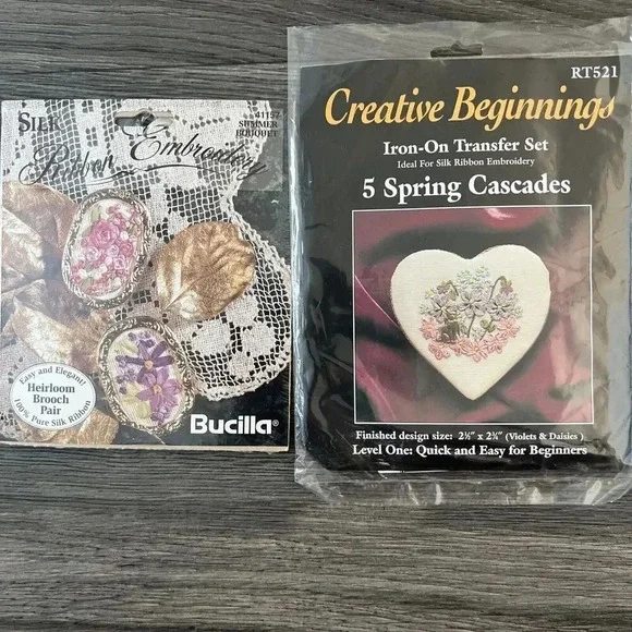 Vtg Bucilla Silk Ribbon Brooch Embroidery Kit 41157 Creative Beginnings Iron On