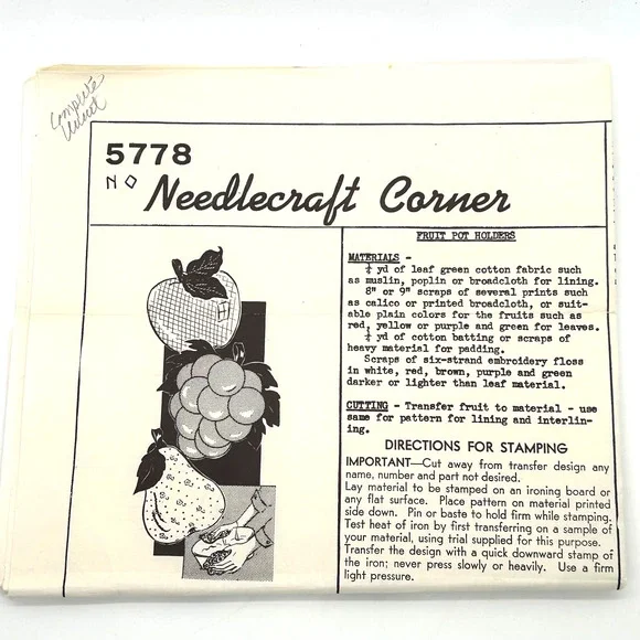 Vintage Needlecraft Corner Fruit Apple, Pear & Grapes Potholders Pattern‎ #5778