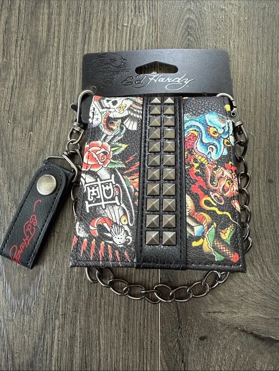 NWT Ed Hardy Black Tattoo-Print Studded Wallet with Chain