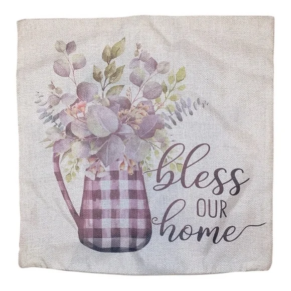 FARMHOUSE STYLE Decorative Pillow Cover Plaid Flower Pot Floral Pattern GRN/PUR