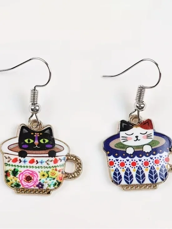 Cute Cat-in-Teacup Enamel Dangle Earrings - Multicolor