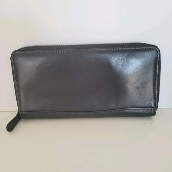 Serratura Smooth Leather Wallet Solid Black Zip Around Large Organizer Timeless