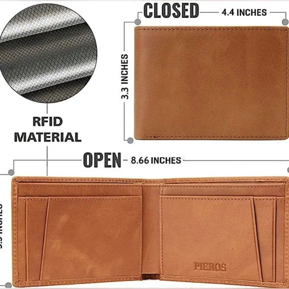 PIEROS Leather Signature Slim Wallet Brown RDIF Blocking