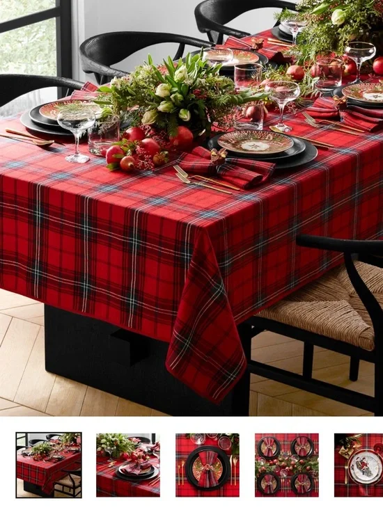Williams Sonoma Classic Tartan Plaid Tablecloth 70x108 Red Christmas Holiday NWT