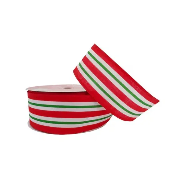 3pk Stripe Ribbon, Christmas, White/Red/Emerald Green Polyester 2.5x 80ft‎