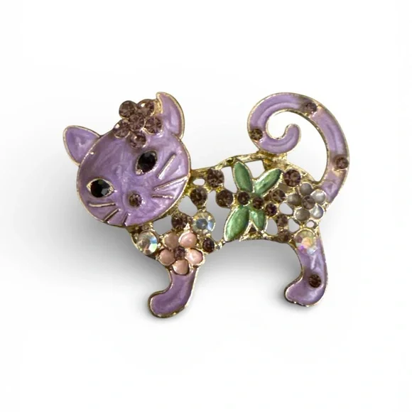 Mint Purple Cat Brooch with Floral Design