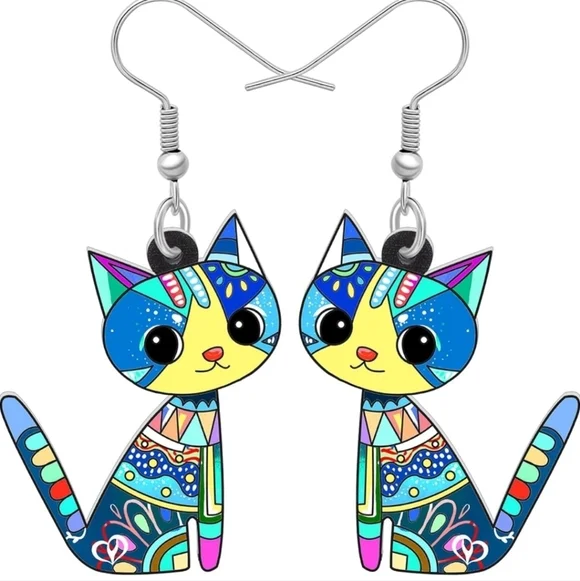 Whimsical Green and Blue Cat Earrings with Expressive Eyes