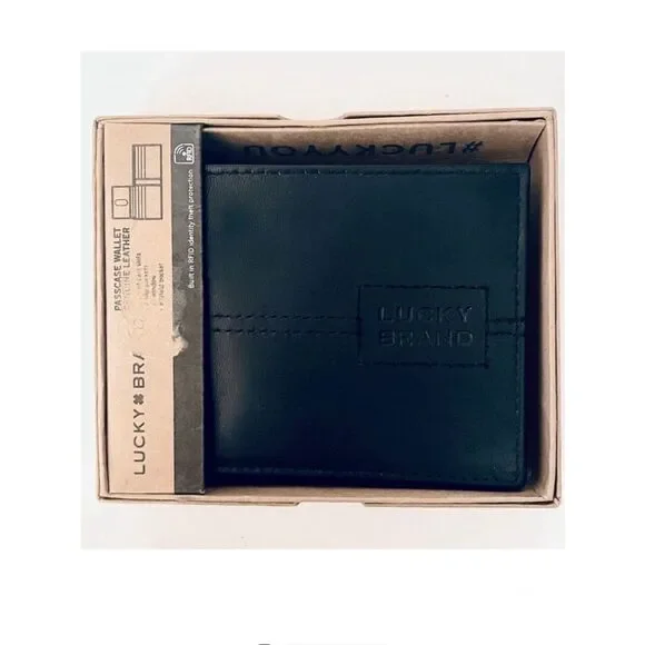 NWT Gorgeous lucky brand Men black bifold genuine leather RFID Wallet w/Gift Box