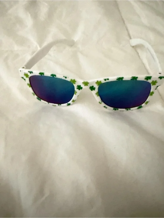 Kids White Sunglasses with Green Shamrock Print
