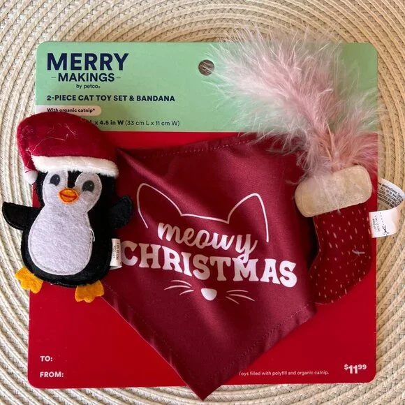 Merry Makings Meowy‎ Christmas 2 Piece Cat Toy Set & Bandana With Organic Catnip