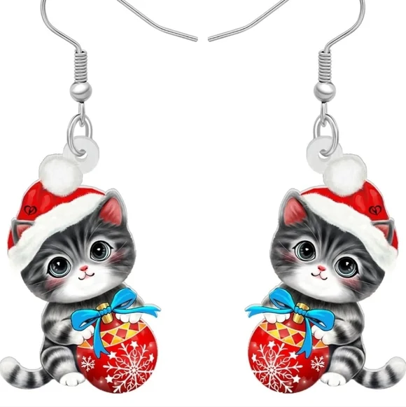 Festive Cat Earrings - Red and Gray