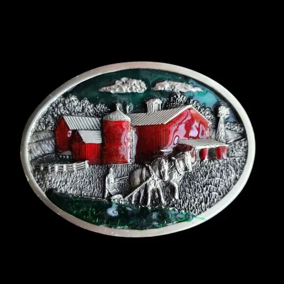Vintage 1984 Bergamot Brass Works Belt Buckle Red Barn Farm Horse Plowing R-149