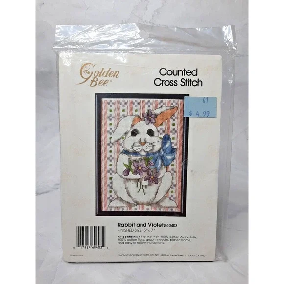 Golden Bee Counted Cross Stitch Kit Rabbit and Violets 60403 5x7 with Frame