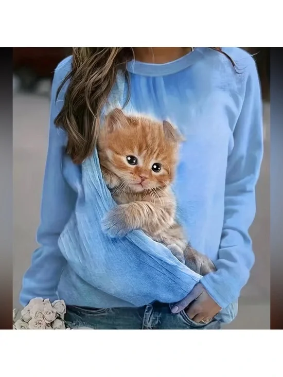 Cute Kitten Pocket Blue Cat long sleeve shirt