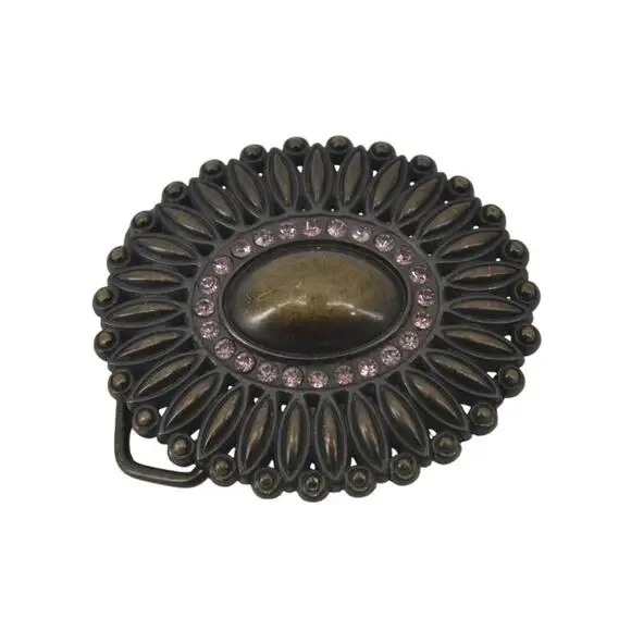 Belt Buckle Scalloped Rhinestone Antique Gold Oval Starburst