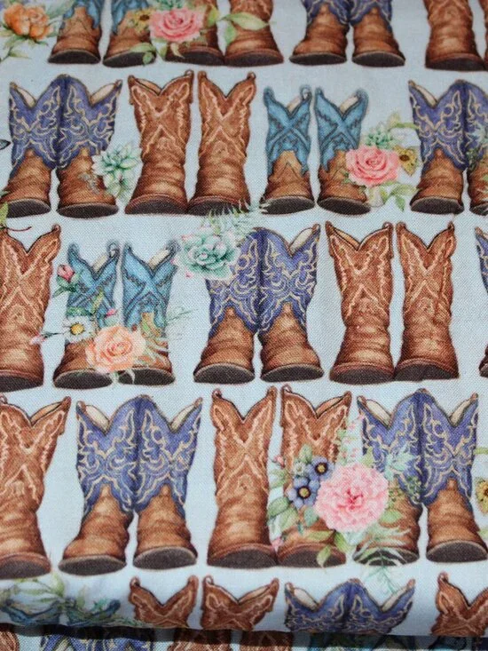 One Yard Cotton Fabric DUSTY BOOTS Cowboy Boots on Blue