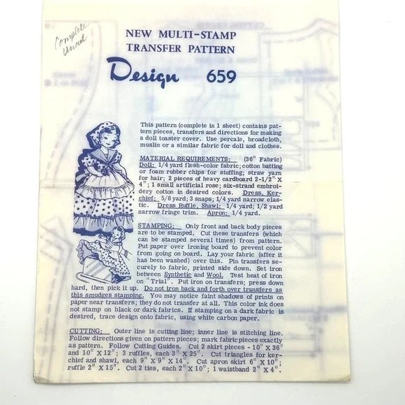 Vintage Mail Order Doll Toaster Cover Transfer Pattern #659‎