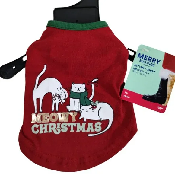 Petco Merry Makings Kitten XS Red and Green Meowy Christmas Pet T-Shirt
