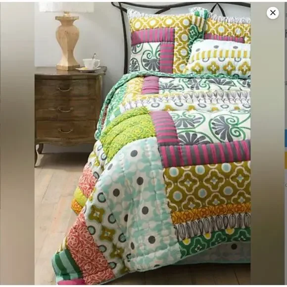 Anthropologie Lilla Patchwork Euro Sham 26x26 Cotton Quilted Pillow Cover Boho