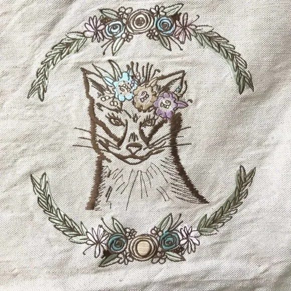 Floral Cat Embroidered Cushion Cover Sham