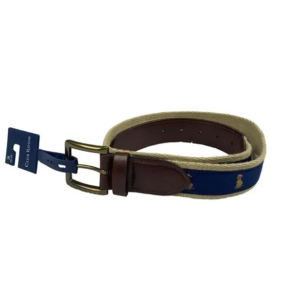 Club Room Mens Faux Leather Holiday Dog Webbed Stretch Belt Blue Tan S 30-32