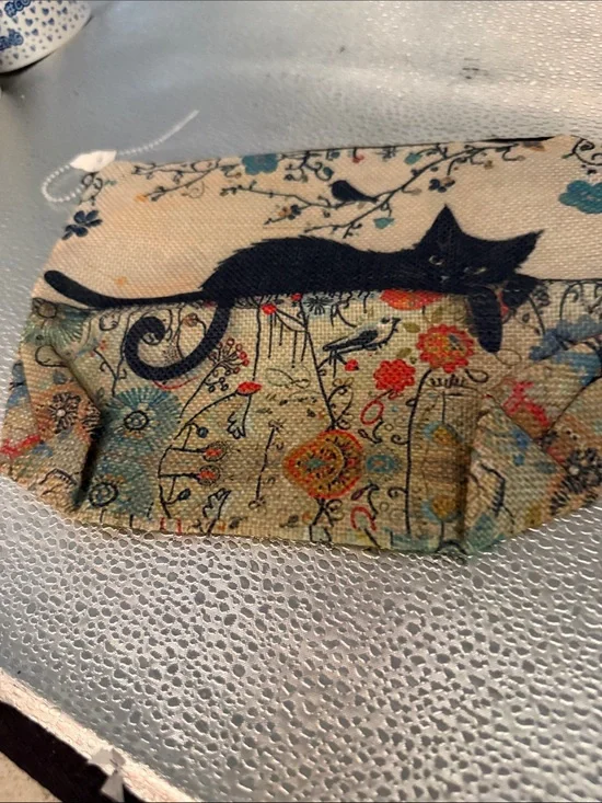 SHEIN Cat-Themed Canvas Make up Pouch - Beige with Black Cat Print