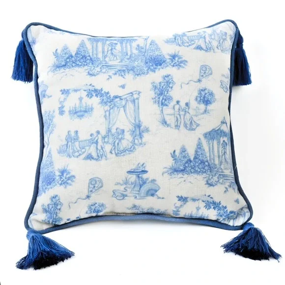 Bridgerton Toile Throw Pillow Blue White Garden Tassel Cushion 10
