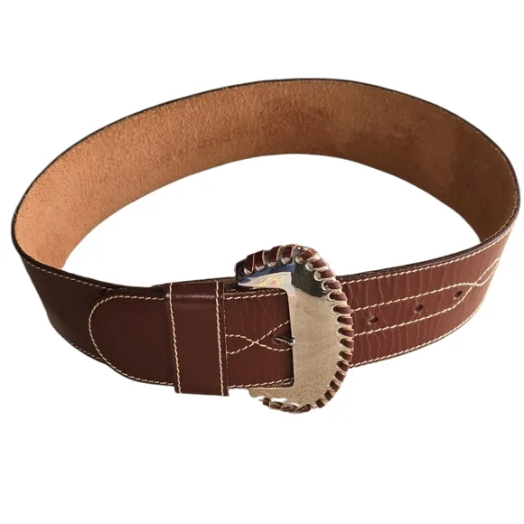 DMP Vintage Western Brown Leather Belt with Silver Buckle
