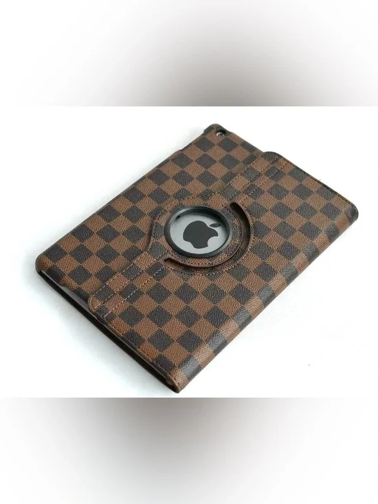 NEW! Brown Checkered Tablet Folio Case with Rotating Stand