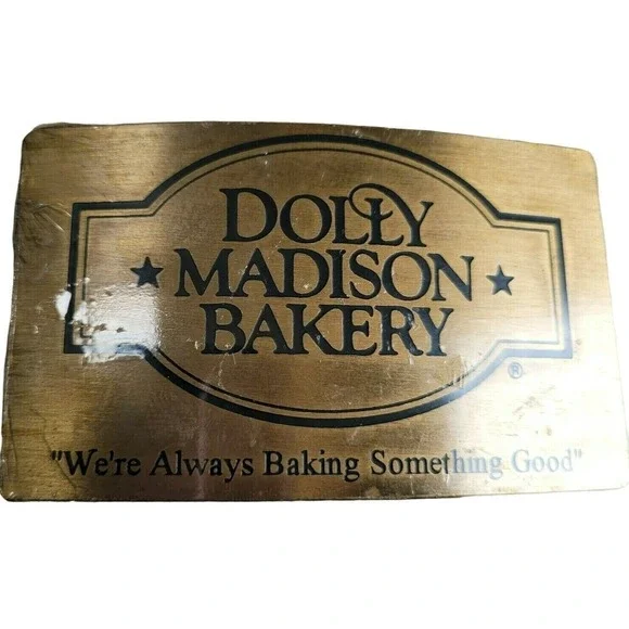 Dolly Madison Bakery Belt Buckle Gold Advertising Brass‎ Tone Logo Western Vtg