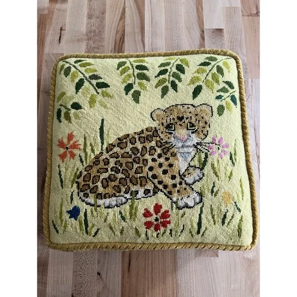 Vintage Needlepoint Pillow Ribbed Velvet Baby Cheetah Leopard Flowers 12 x 12