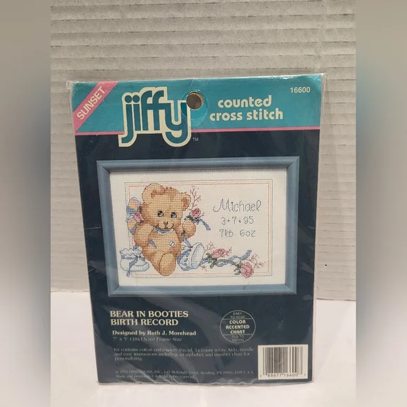 Jiffy Counted Cross Stitch Bear In Booties Birth Record Kit 16600 Sealed