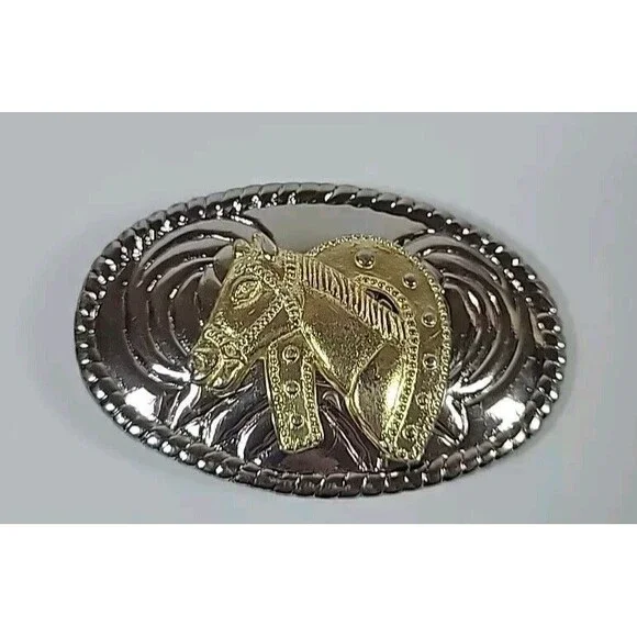 Vintage Horse with Horseshoe Silver and Gold Tone Metal Small Belt Buckle Shiny