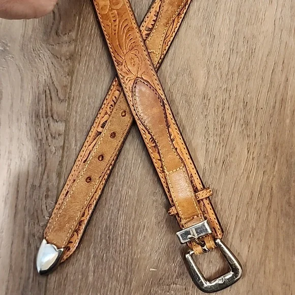 Vintage Levi's Western Tooled Cow Hide Leather Belt Silver Tone Buckle size 38