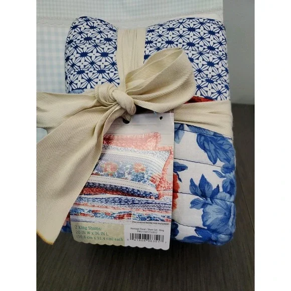 The Pioneer Woman PAIR *KING Size HERITAGE FLORAL Cotton PILLOW SHAMS Blue NWT