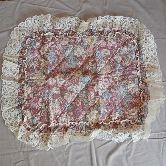 Vtg JC Penney Pillow Sham Pink Floral Eyelet Lace Trim Ruffle Mauve Alyssa NOS