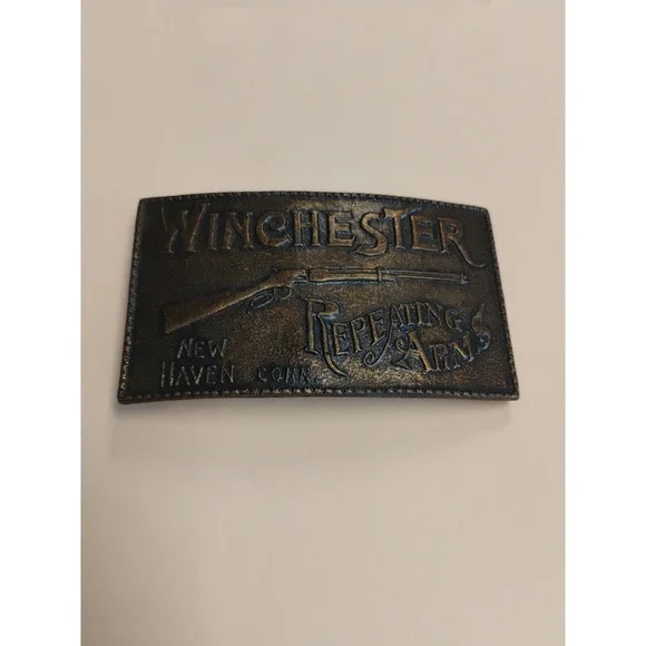 Brass Winchester Rifle Repeating Arms Belt Buckle New Haven, Conn Vintage